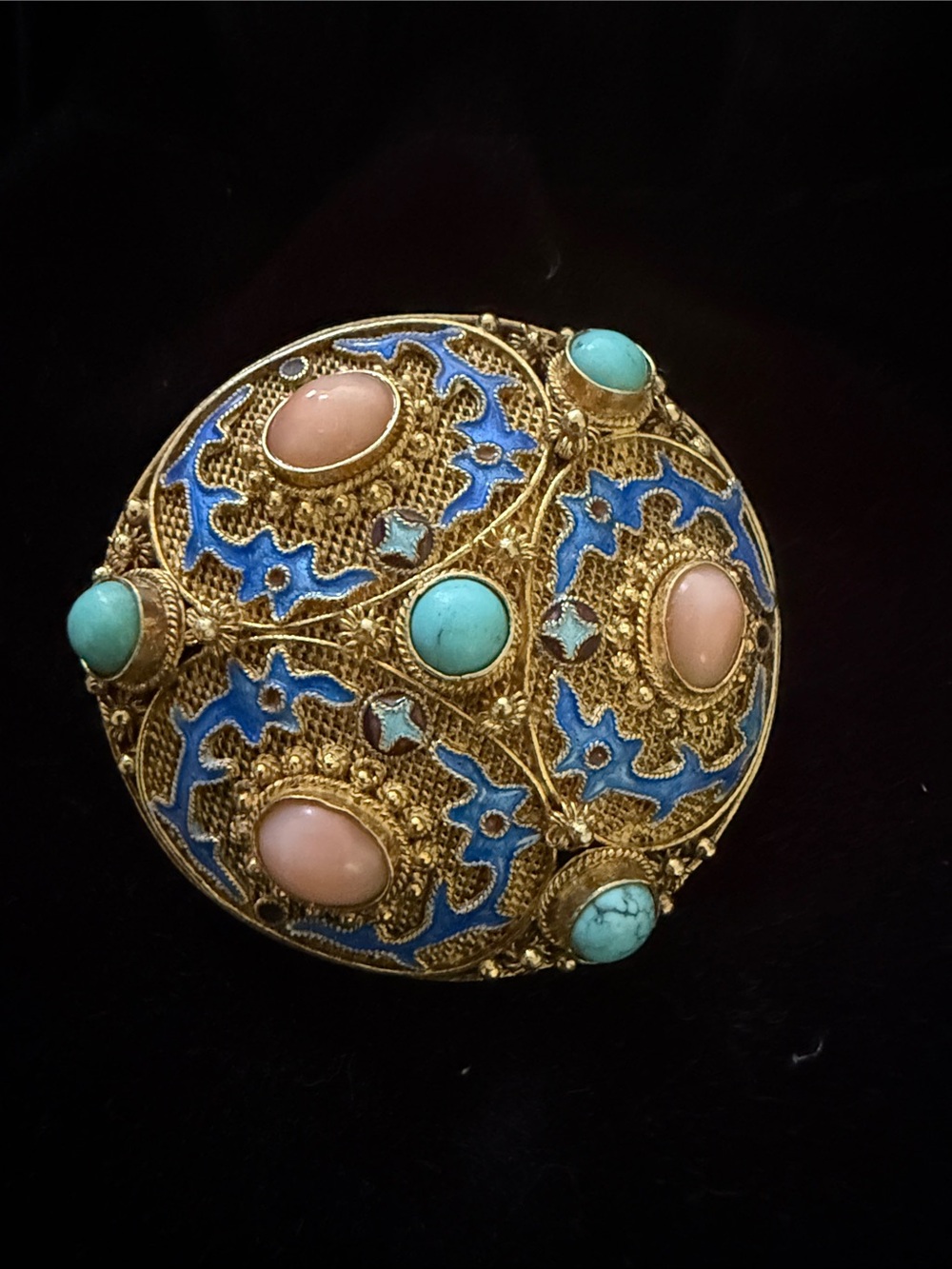 Vintage-Inspired Gold Filigree Statement Brooch with Coral and Turquoise Accents